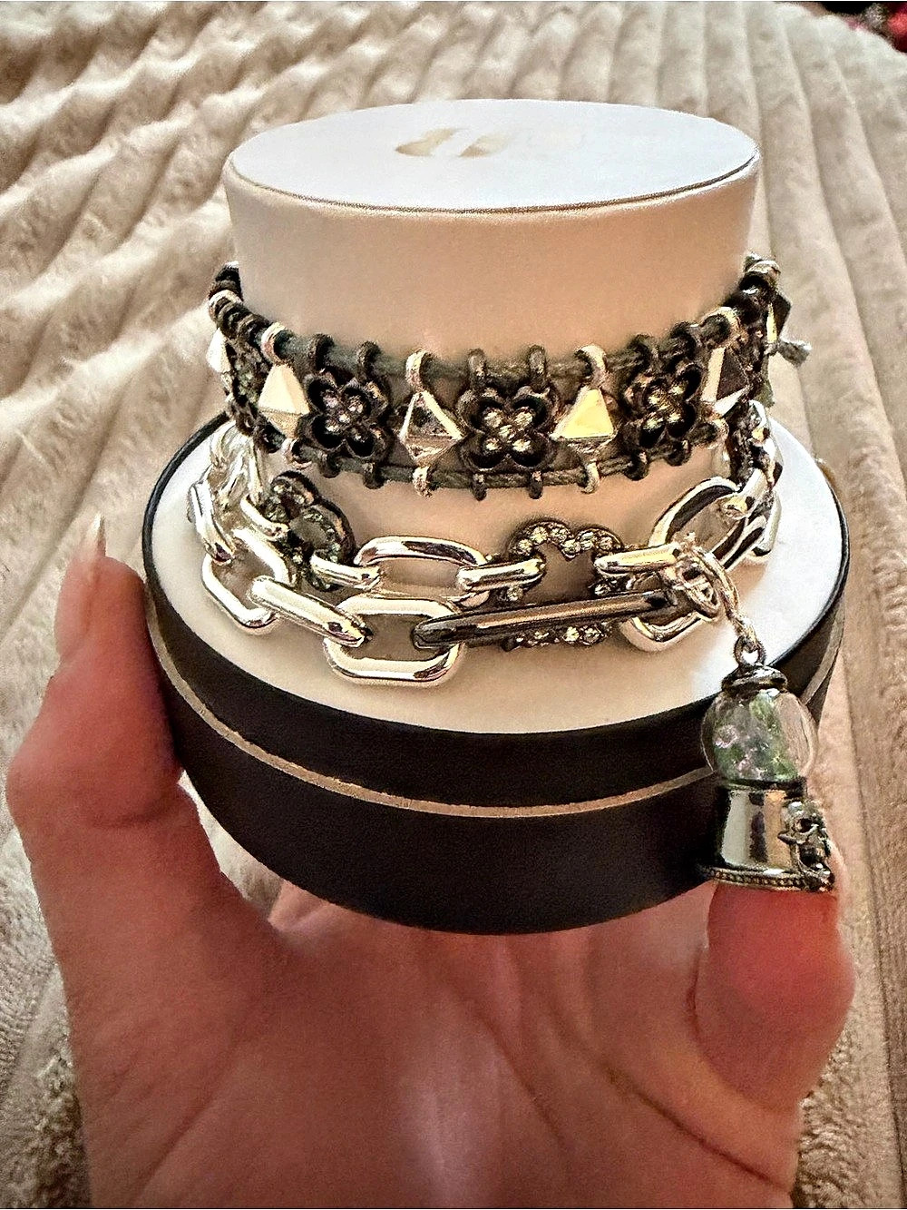 Layered Charm Bracelet Set in Silver & Black Like New